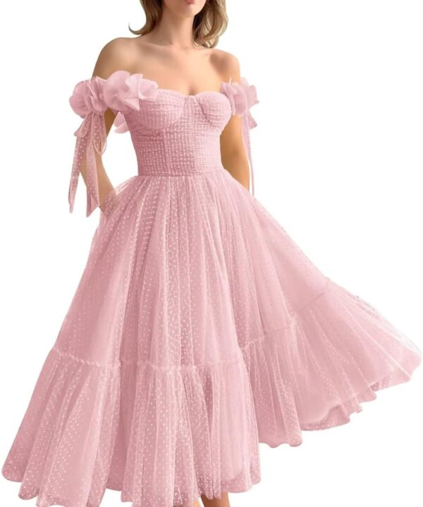 Dotted Tulle Off Shoulder Prom Dress for Women Sweetheart Midi Puffy Formal Party Gowns