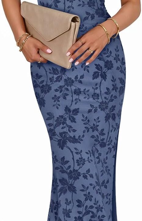 MEROKEETY Women's 2026 Summer Floral Strapless Dress Bodycon Tube Slit Mesh Wedding Guest Cocktail Party Maxi Dresses