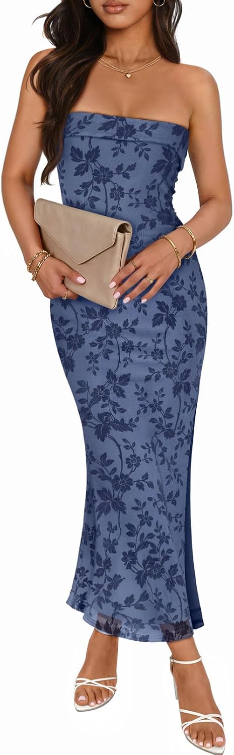 MEROKEETY Women's 2026 Summer Floral Strapless Dress Bodycon Tube Slit Mesh Wedding Guest Cocktail Party Maxi Dresses