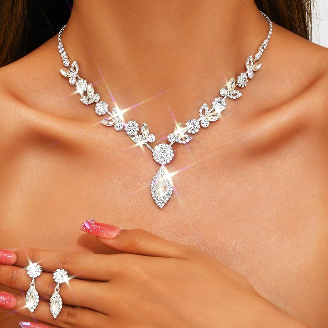 TWINKLEDE Wedding Jewelry Sets for Women Silver Bridal Rhinestone Necklaces and Earring for Brides