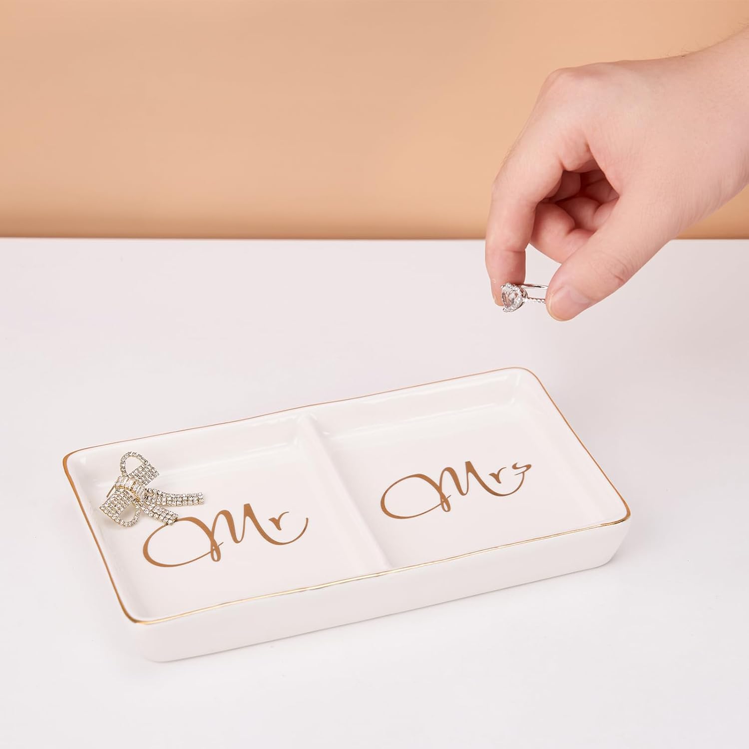 Mr. and Mrs. Ring Dish Engagement Gifts for Couples Wedding Ring Holder Jewelry Dish Tray, Bridal Shower Gifts for Women Newlywed Future Bride To be Gifts His and Hers Gifts