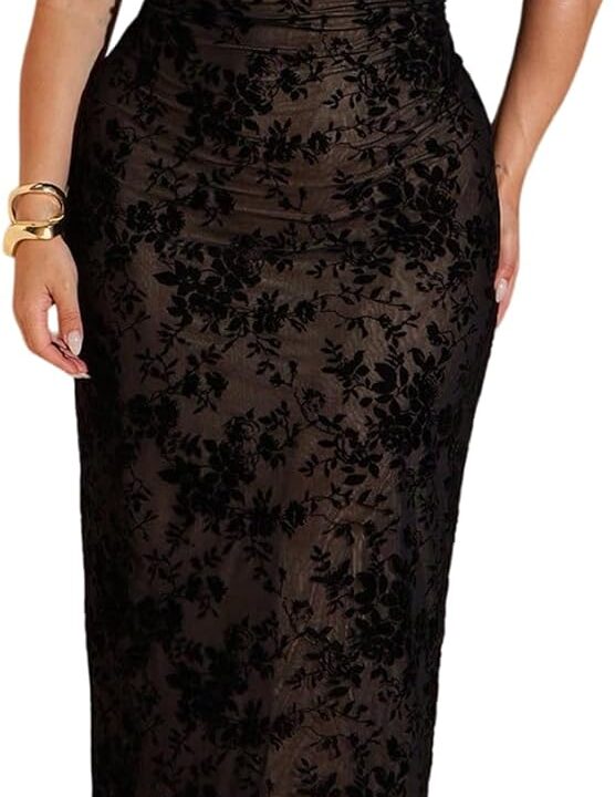 BEAUDRM Women's Plus Size Cocktail Floral Maxi Dress Deep V Ruffle Short Sleeve Bodycon Mesh Wedding Guest Party Dresses