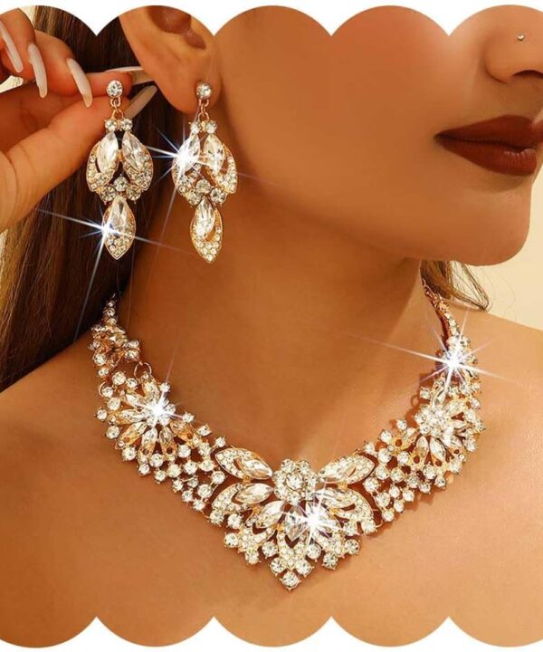 JEWEKY Wedding Jewelry Sets Gold Rhinestone Necklace Earrings Set Formal Costume Jewelry for Women