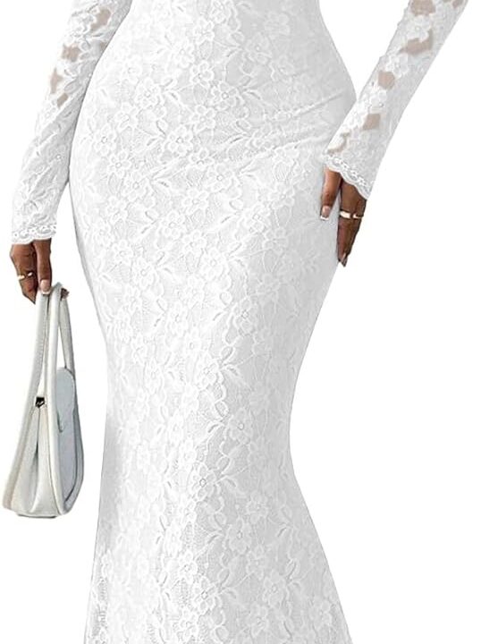 MITILLY Women Bodycon Maxi Dress Elegant Square Neck Long Sleeve Floral Lace Sexy Wedding Guest Cocktail Long Dresses