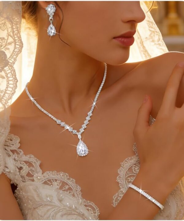 SAILIMUE Wedding Jewelry Sets for Brides Women - Silver Plated Rhinestone Crystal Necklace Bracelet Earrings Wedding Prom jewelry Set Bridal Bridesmaid Costume Accessories