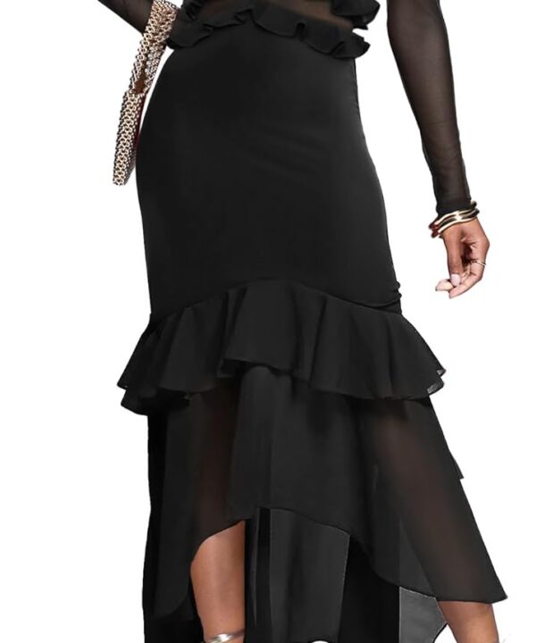 Aisbei Women's Elegant Bodycon Maxi Dress Mock Neck Long Sleeve Ruffle Mesh Party Cocktail Formal Wedding Guest Dresses