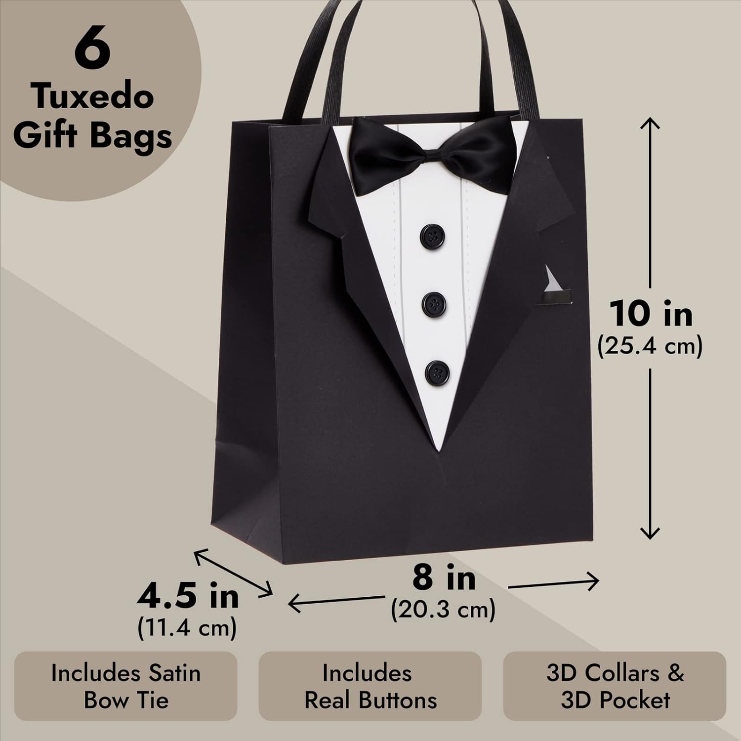 Sparkle and Bash Groomsmen Gift Bags With 3D Tuxedo Design, Satin Bow Tie & Real Buttons – Black, 6 Pack, 8 x 4.5 x 10 In – Wedding & Bachelor Party – Tuxedo Gift Bags for Men