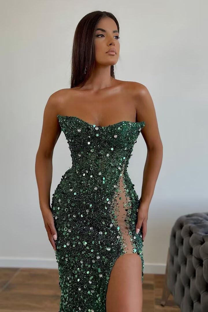 Strapless Prom Dresses 2025 Mermaid Sequin Sparkly Beaded Long Tube Sexy Sheer Sheath Evening Formal Party Dresses with Slit