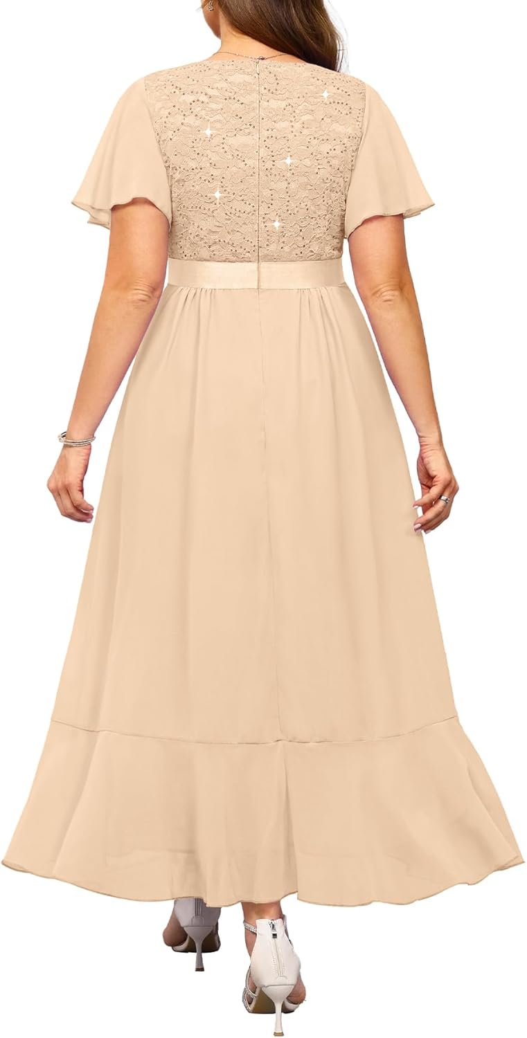 Pinup Fashion Plus Size Formal Dress – Evening Wedding Guest Cocktail Sequin Chiffon Long Dresses with Slit