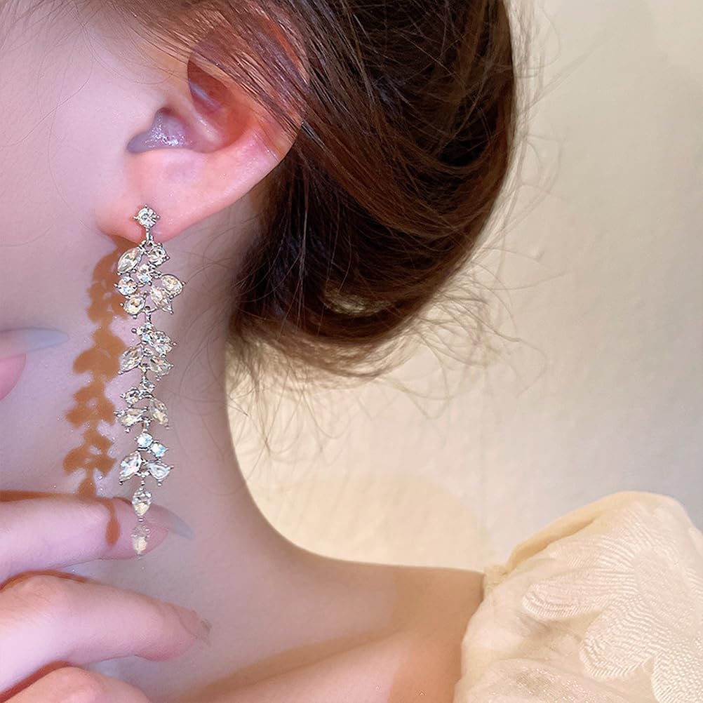 Shiny Silver Cubic Zirconia Tassel Earrings for Women, Sparkling Rhinestone Wedding Bridal Bridesmaid Drop Dangle Earrings Funky Preppy Aesthetic Jewelry