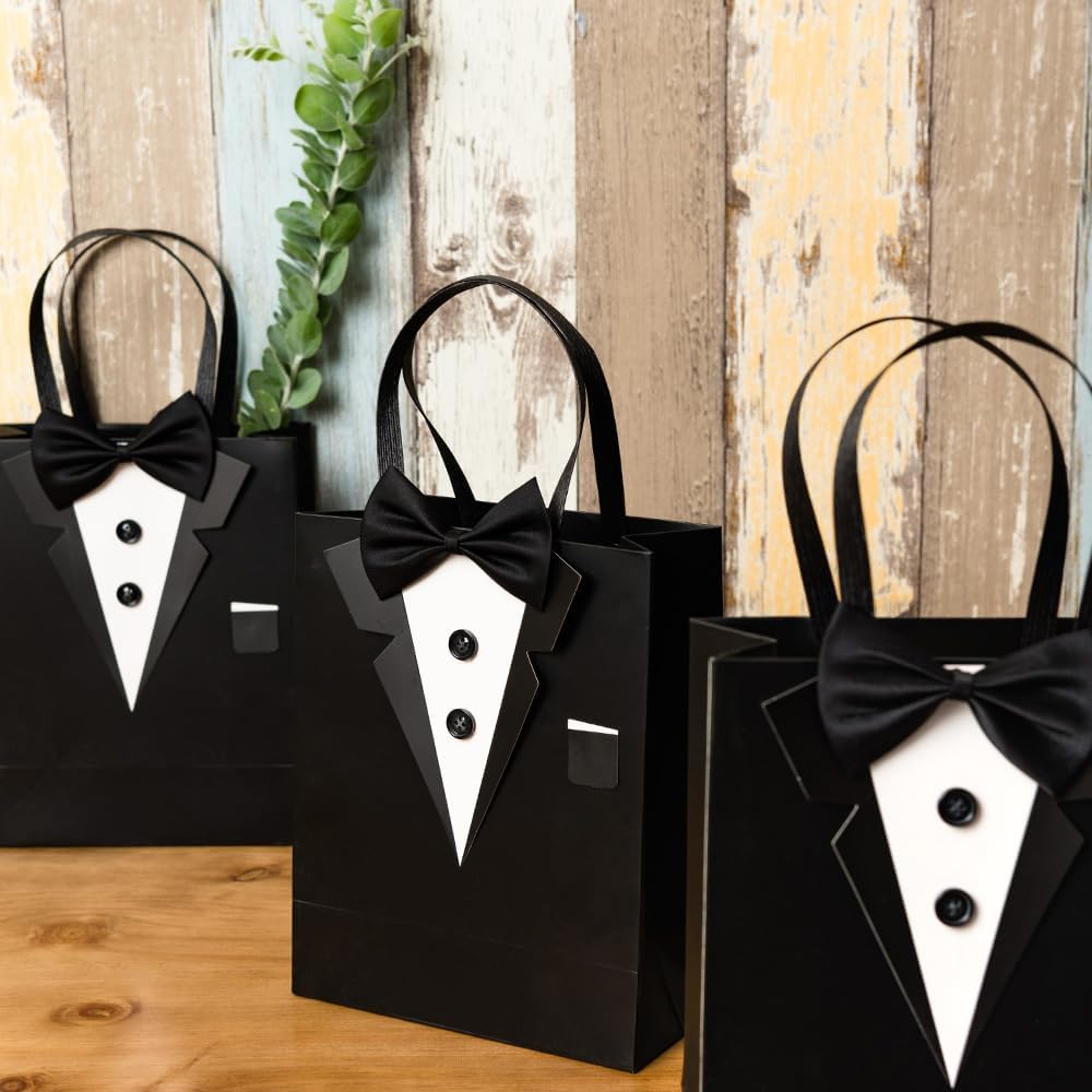 Crisky 6 Pack Classic Black 3D Tuxedo Gift Bags Real Bow Tie, Buttons for Groomsman Fathers Birthday Anniversary Wedding Favor 10 x8 x4