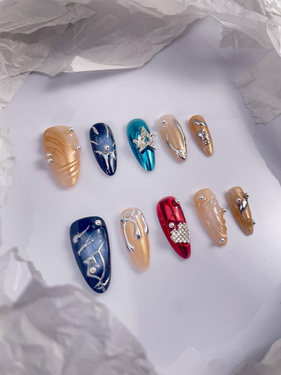 RDNTBEU Press on Nails Beach Medium Almond 3D Fake Nails Reusable Luxury Handmade False Nails with Design Pearl Heart Solid Star,Press ons Muti-Layer Acrylic Handmade Nails for Wome Manicure(Size M)