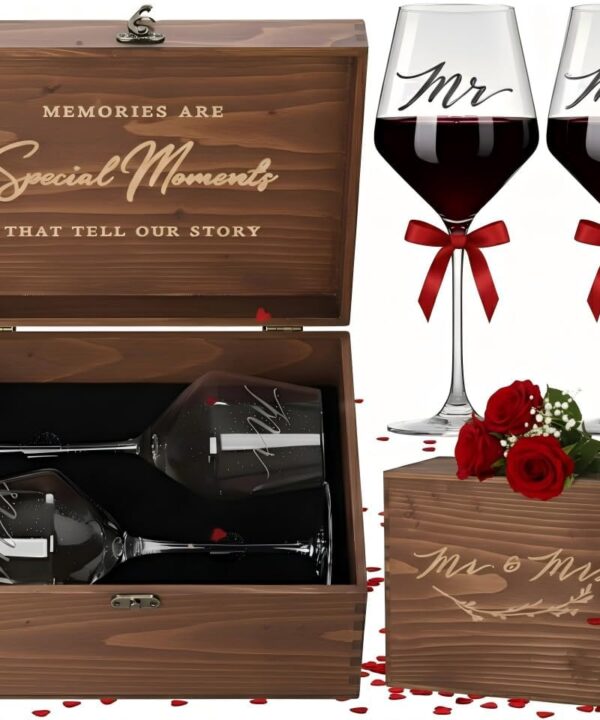 SIPBYSOP Gift for Couples 2026  Engraved Mr & Mrs Wine Glasses with Wooden Memory Box, Valentines Day, Engagement Wedding Anniversary & Bridal Shower Gift for Her, Bride & Newlywed