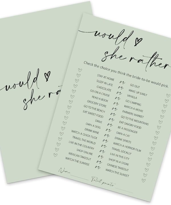 Whaline 50 Sheets Sage Green Bridal Shower Game Cards Greenery Double Sided Party Game Activity Cards for Would She Rather Wedding Bridal Shower Bachelorette Party Games Supplies