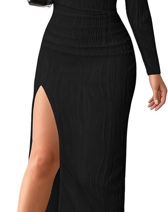 Lazysmile Womens Long Sleeve Maxi Dresses Off Shoulder Bodycon Cocktail Formal Wedding Guest Slit Long Dress Fall Outfits
