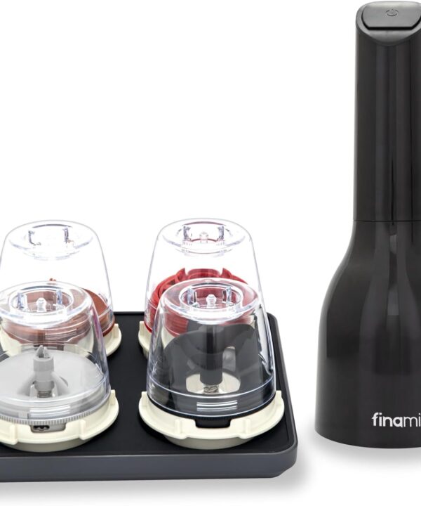 FinaMill Ultimate Gift Set  Battery Operated Spice Mill with 4 Interchangeable Spice Pods & Slate Quartet Stackable Tray, Adjustable Coarseness, Ceramic Grinder, LED Light, Kitchen Gifts for Women