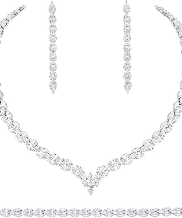 White Gold Plated Cubic Zirconia CZ Marquise Bridal Necklace Drop Dangle Earrings Bracelet set for Women Wedding Brides