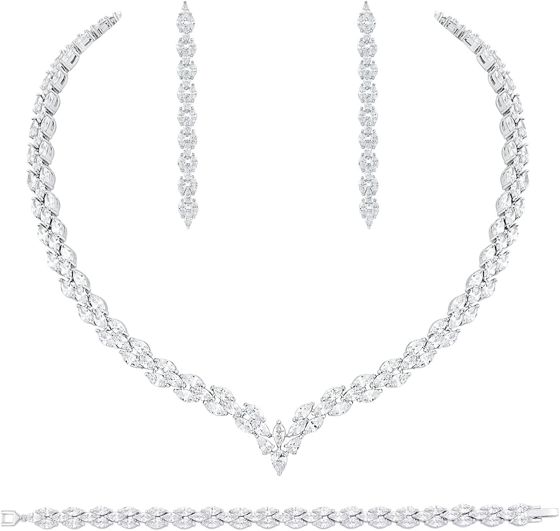 White Gold Plated Cubic Zirconia CZ Marquise Bridal Necklace Drop Dangle Earrings Bracelet set for Women Wedding Brides