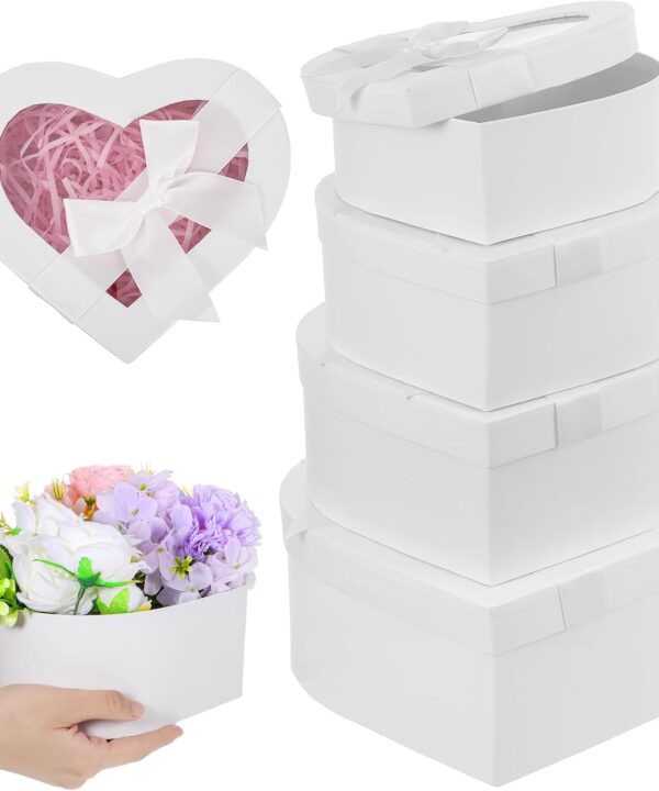 AojSup 4 Pcs Heart Shaped Boxes for Flowers Arrangements, Heart Box for Flowers, White Nesting Gift Boxes with Clear Lids for Present, Bridesmaid, Proposal, Birthday