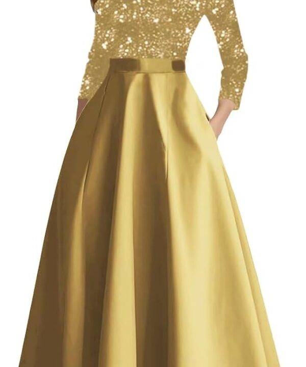 Long Sleeves Mother of The Bride Dresses for Women Sequin Satin V-Neck Hi-Lo Formal Wedding Guest Gown with Pockets