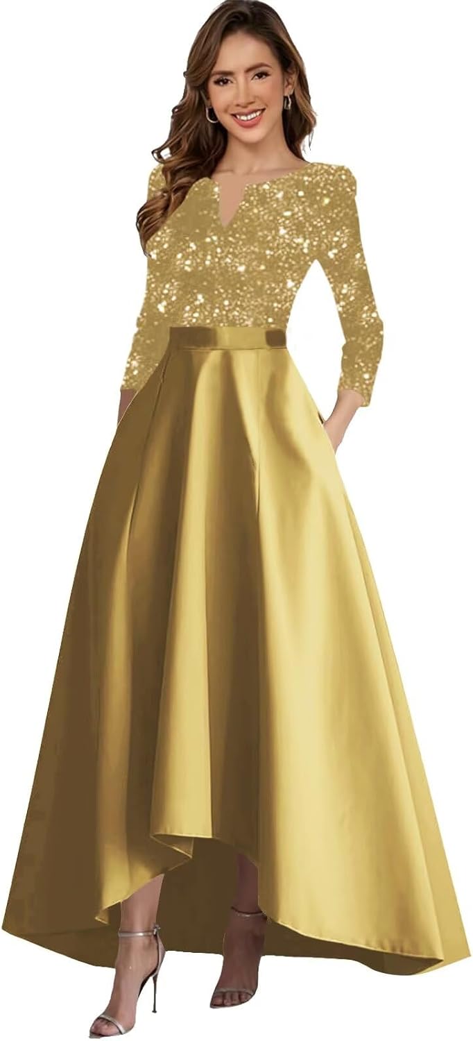 Long Sleeves Mother of The Bride Dresses for Women Sequin Satin V-Neck Hi-Lo Formal Wedding Guest Gown with Pockets