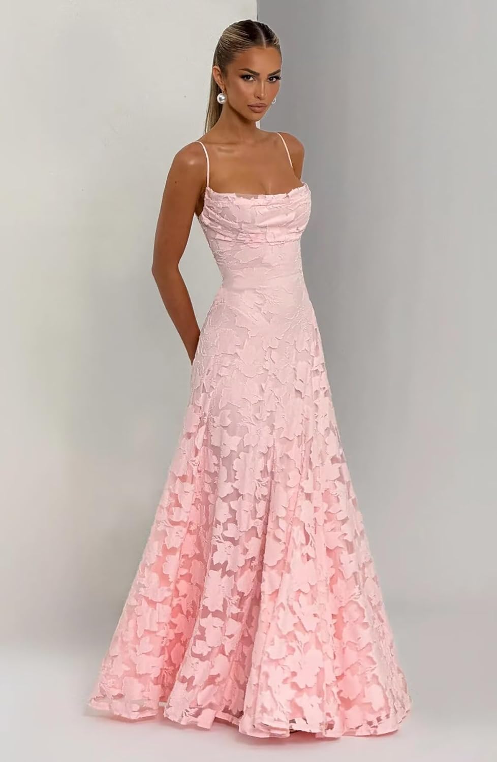 Maxi Floral Bridesmaid Dresses for Women Long A Line Cowl Neck Prom Dress Boho Lace Fomal Evening Gown