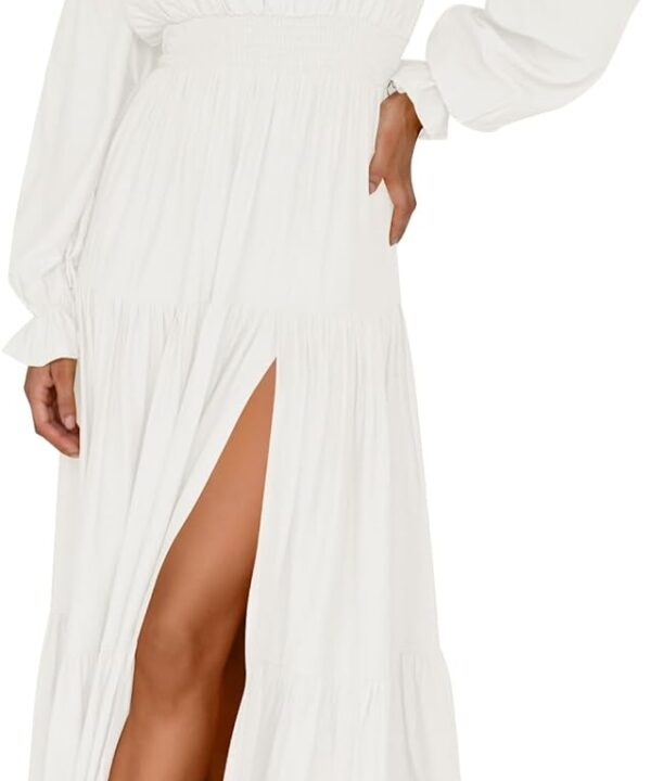 ZESICA Women's 2026 Boho Sexy Off Shoulder Long Sleeve Smocked High Waist Side Split Flowy A Line Tiered Long Maxi Dress