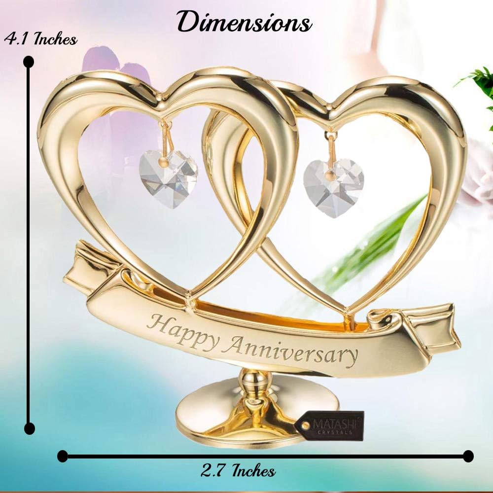 Matashi 24K Gold Plated Anniversary Heart Sculpture with Crystals Double Heart Statue – Perfect Christmas and Holiday Gift and Premium Quality Cake Topper