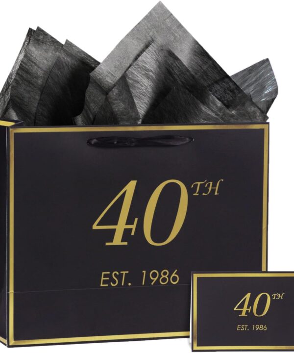 40th Birthday Gift Bag with Card and Tissue Paper for Men Women Him, 1986 40 Year Old 13" Elegant Black Gold Anniversary Keepsake Party Present Shopping Paper Bags for Gifts Wrapping (1986 40th)