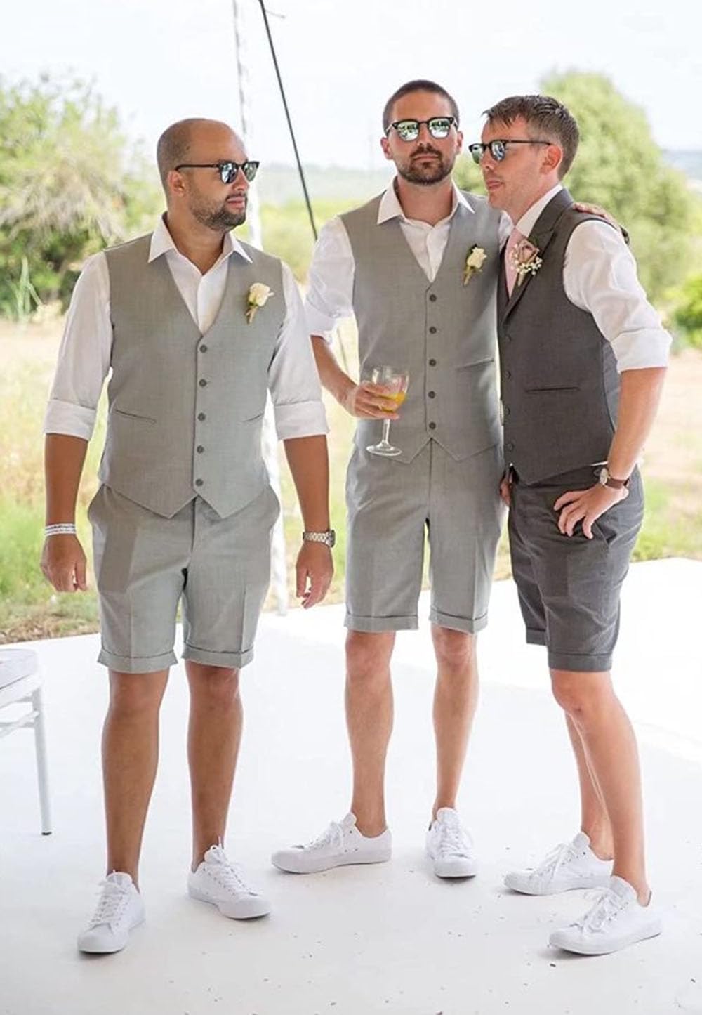 Mens Linen 2 Piece Suit Slim Fit Wedding Groom Groomsmen Summer Vest Shorts Set