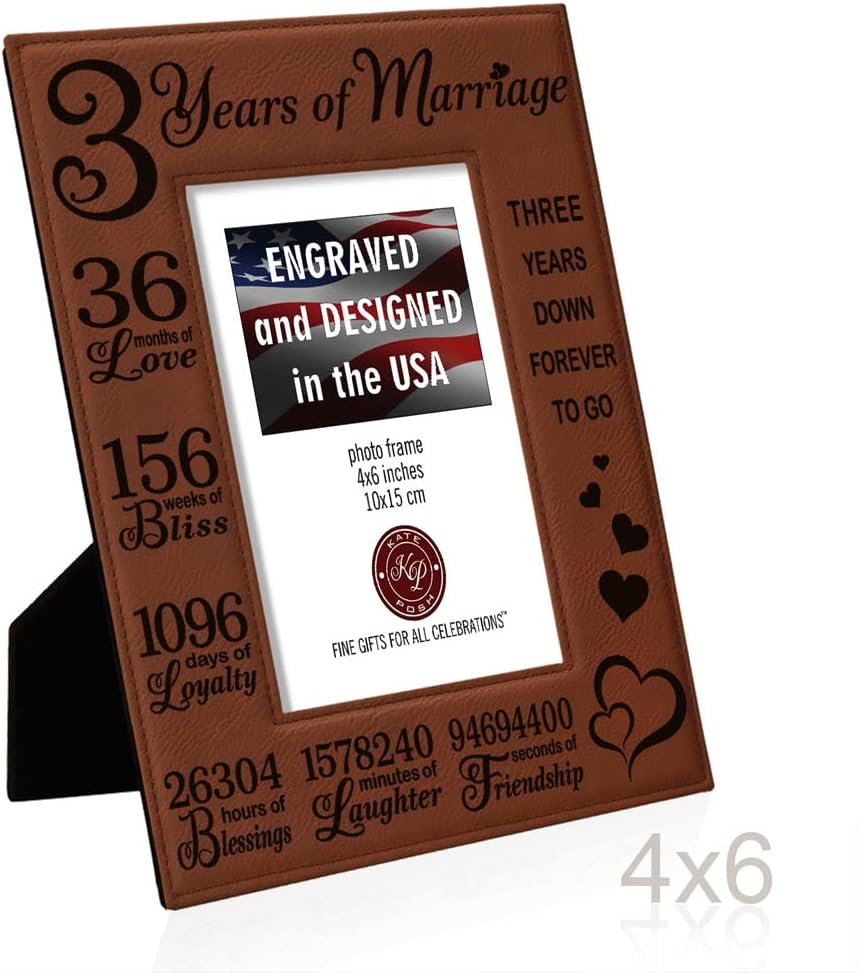 KATE POSH 3rd Anniversary Engraved Rawhide Leather Picture Frame (4×6-Vertical)