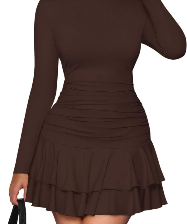 PRETTYGARDEN Womens Spring Long Sleeve Dresses 2026 Mock Neck Ruched Y2K Clothes Ruffle Layered Bodycon Mini Party Dress