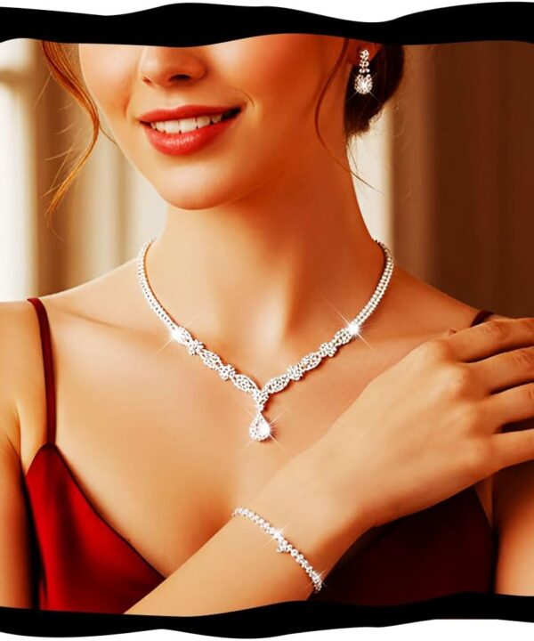 GORAIS Silver Bride Wedding Jewelry Set Rhinestone Necklace Earring Bracelet Sets Crystal Formal Bridal Jewelry for Women