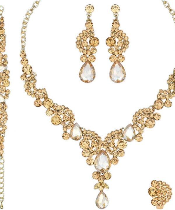 CSY Elegant Crystal Necklace Earrings Bracelet Ring Bridal Wedding Party Costume Jewelry Sets for Brides Women