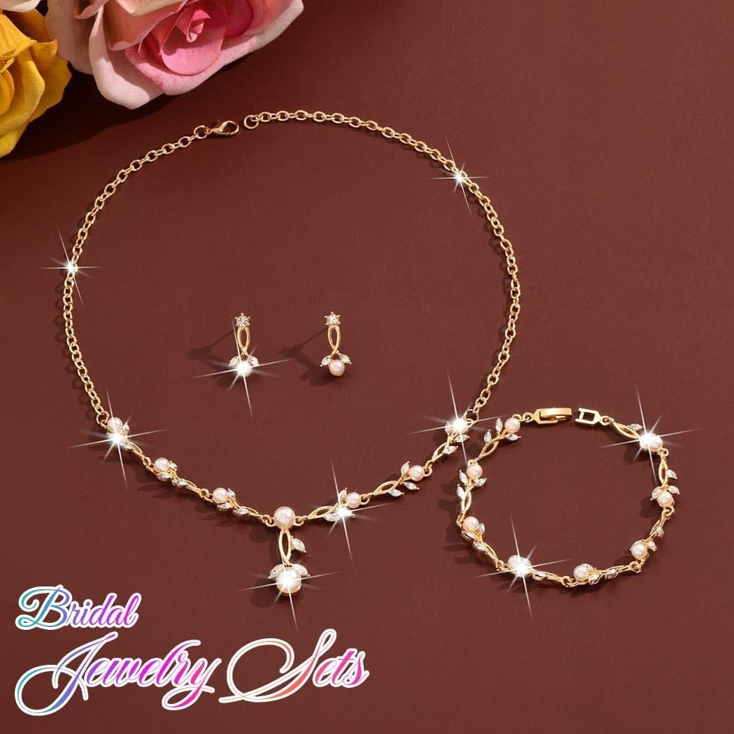 Unicra Pearl Jewelry Set Gold Prom Formal Necklace Earrings Bracelet Sets Rhinestone Bridal Wedding Jewelry Sets for Women and Brides