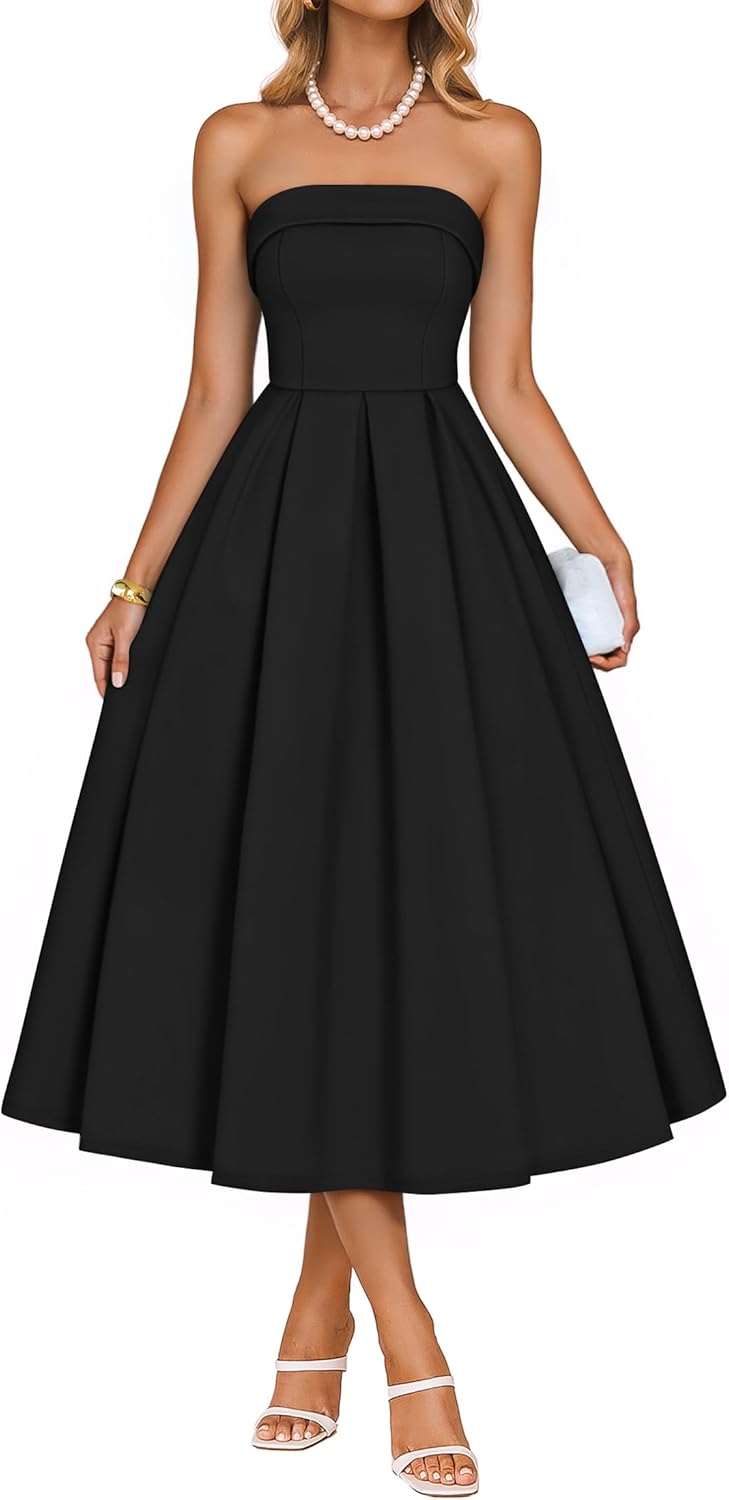 ZESICA Women's Summer Strapless Cocktail Dresses 2026 Elegant Off Shoulder Flowy A Line Wedding Guest Party Midi Dress