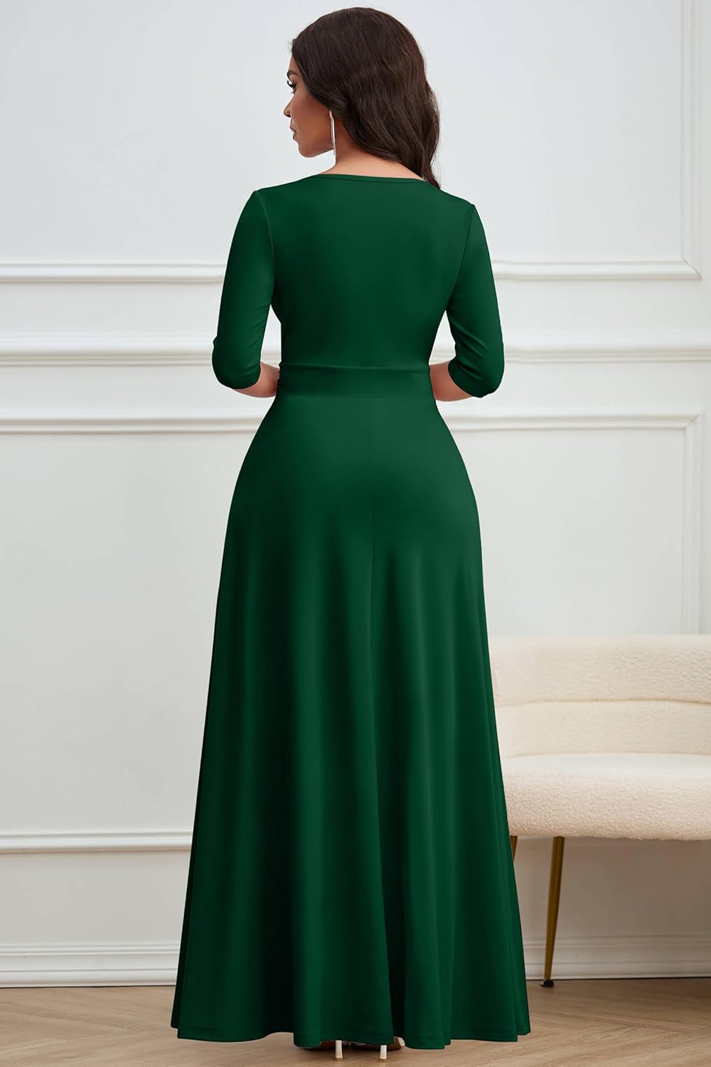 CLOCOR Maxi Dress for Women Long Formal Short Sleeve A Line V Neck Dresses Wedding Guest High Waist Elegant