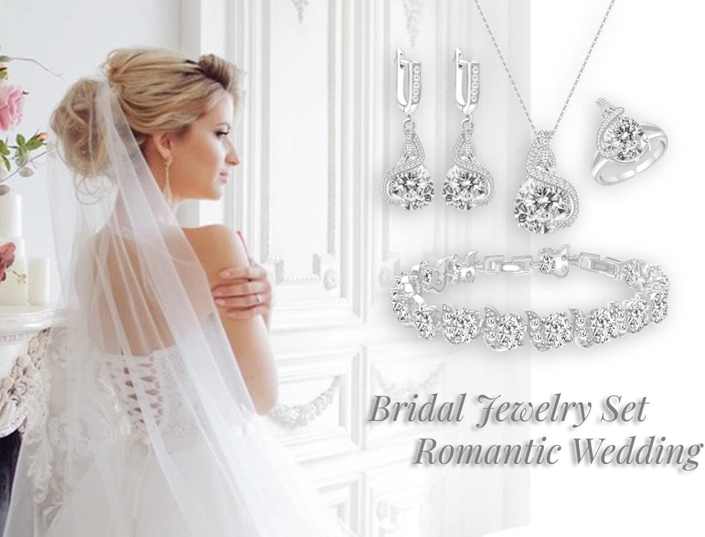 GZWHD Jewelry Set for Women Water Drop Cubic Zirconia Artificial Crystal Earrings Pendant Necklace Open Ring Tennis Bracelet Wedding Anniversary Birthday Engagement Gift for Bridesmaid Wife Girlfriend Friend