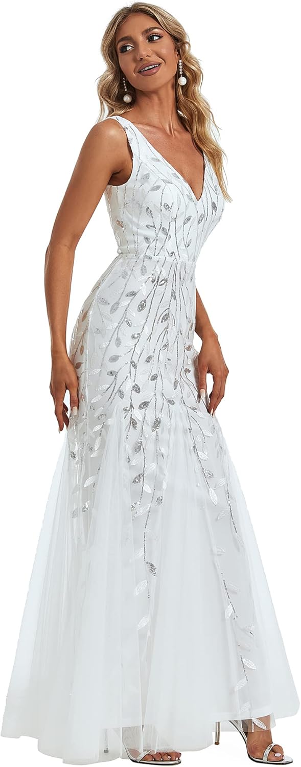 Ever-Pretty Womens Sequin Formal Dress Double V-Neck Sleeveless Mermaid Long Evening Dresses 07886