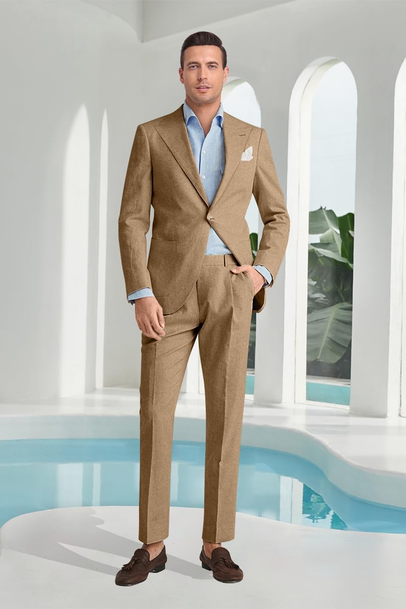 Mens Linen Suit Slim Fit 2 Piece Summer Beach Wedding Suits Peak Lapel Casual Blazer Pants Set for Prom Tuxedo