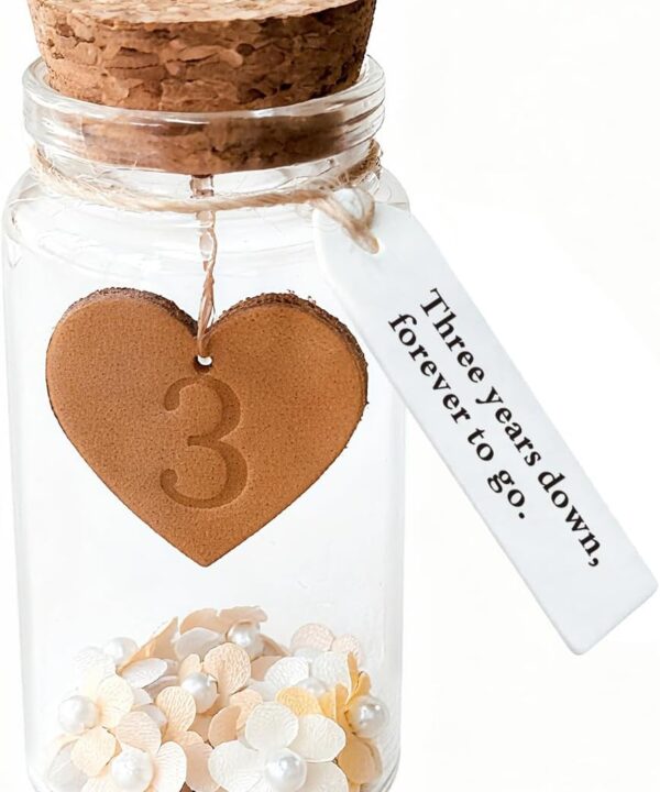 Rimvoe 3 Year Leather Anniversary Keepsake, Leather Heart in Glass Bottle with Message Tag Three Years Down Forever to Go, Three Anniversary Present for Husband, Wife, Him, or Her