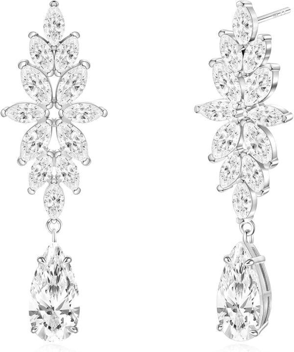 TIGRADE Teardrop Wedding Earrings for Brides Bridesmaids Flower Marquise Cubic Zirconia 925 Sterling Silver Post Drop Dangle Earrings for Women Prom