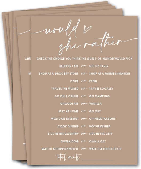 Bridal Shower Games Cards, Would She Rather Bridal Shower Game for 25 Guests, Engagement Party Wedding Games for Guests, Minimalist Brown Wedding Party Supplies - D11
