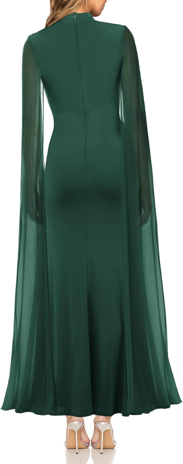 Aisbei Womens Elegant Mock Neck Slit Ruffle Bodycon Maxi Dress Evening Gowns Party Formal Wedding Guest Dresses with Cape