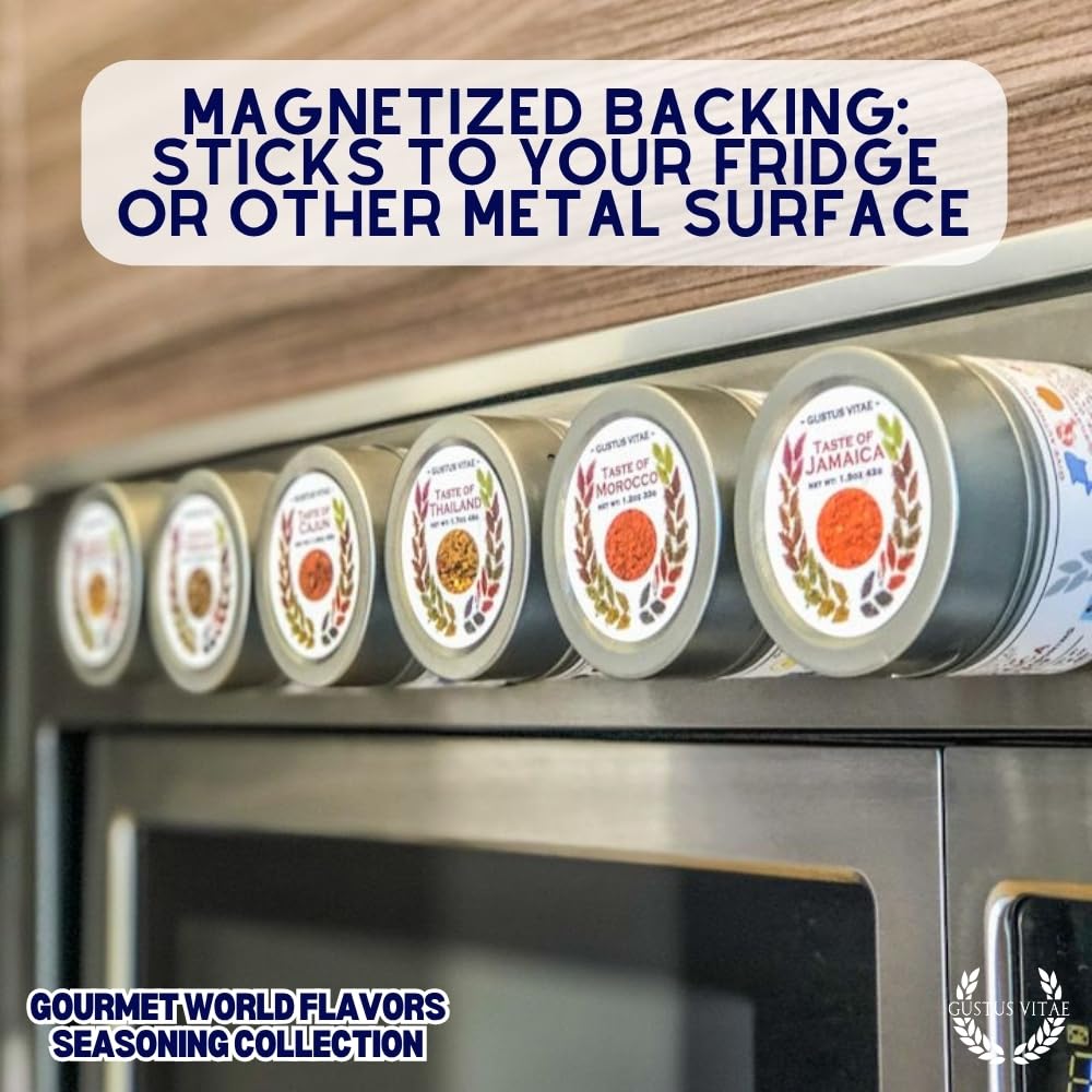 Gourmet World Flavors Seasoning Collection | Non GMO Verified | 6 Magnetic Tins | Spice Blends | Crafted in Small Batches by Gustus Vitae | #68