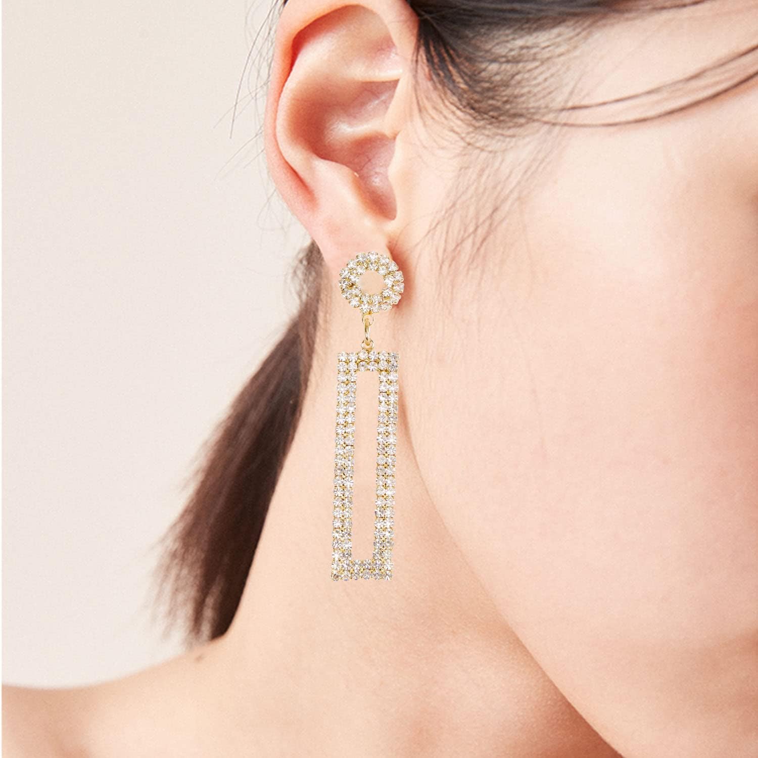 Rhinestone Long Drop Earrings Statement Rectangle Dangle with Circle Studs Fashion Jewelry