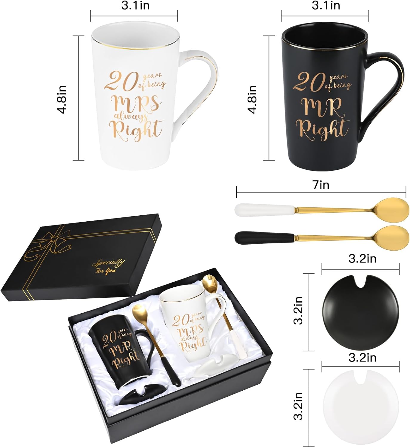 YHRJWN 20 Year Anniversary Presents, 20th Anniversary Presents for Couple Parents, 20th Wedding Anniversary Presents, 20th Mr & Mrs Always Right Coffee Mugs, 14 Oz with Coasters, Spoons and Gift Box