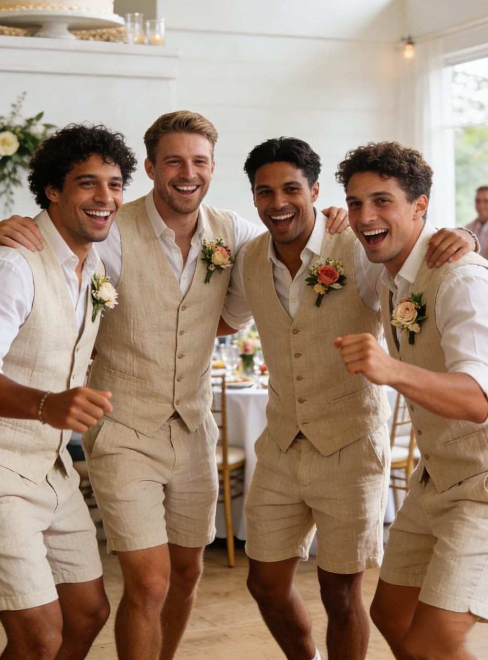 Mens Linen 2 Piece Suit Slim Fit Wedding Groom Groomsmen Summer Vest Shorts Set