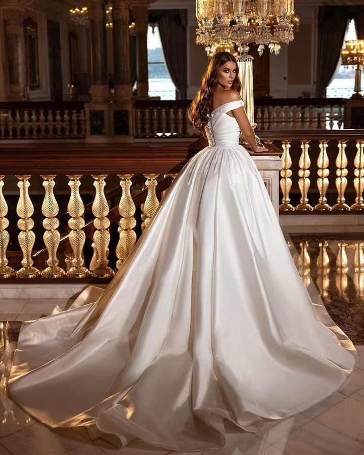 Mermaid Wedding Dresses for Bride 2025 Beaded Satin Off Shoulder Bride Dress Detachable Train