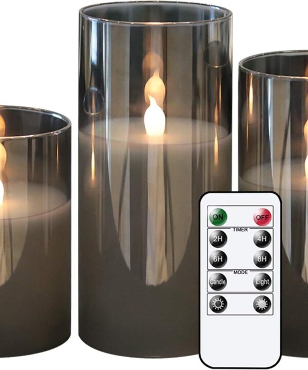 GenSwin Gray Glass Battery Operated Flameless Led Candles with 10-Key Remote and Timer, Real Wax Candles Warm White Flickering Light for Home Decoration(Set of 3)